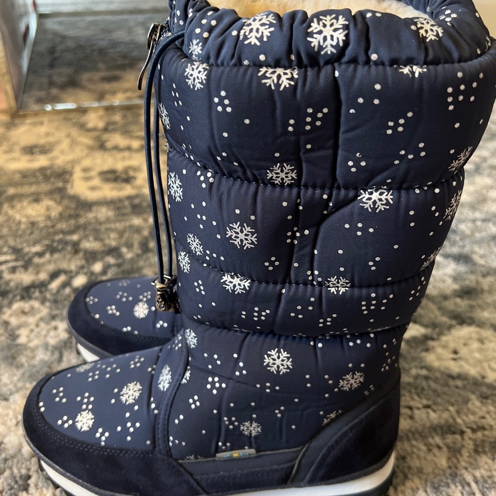 BUFFIE - Snowflake Snow Boots moon boots navy blue faux fur lining zipper 11 NEW